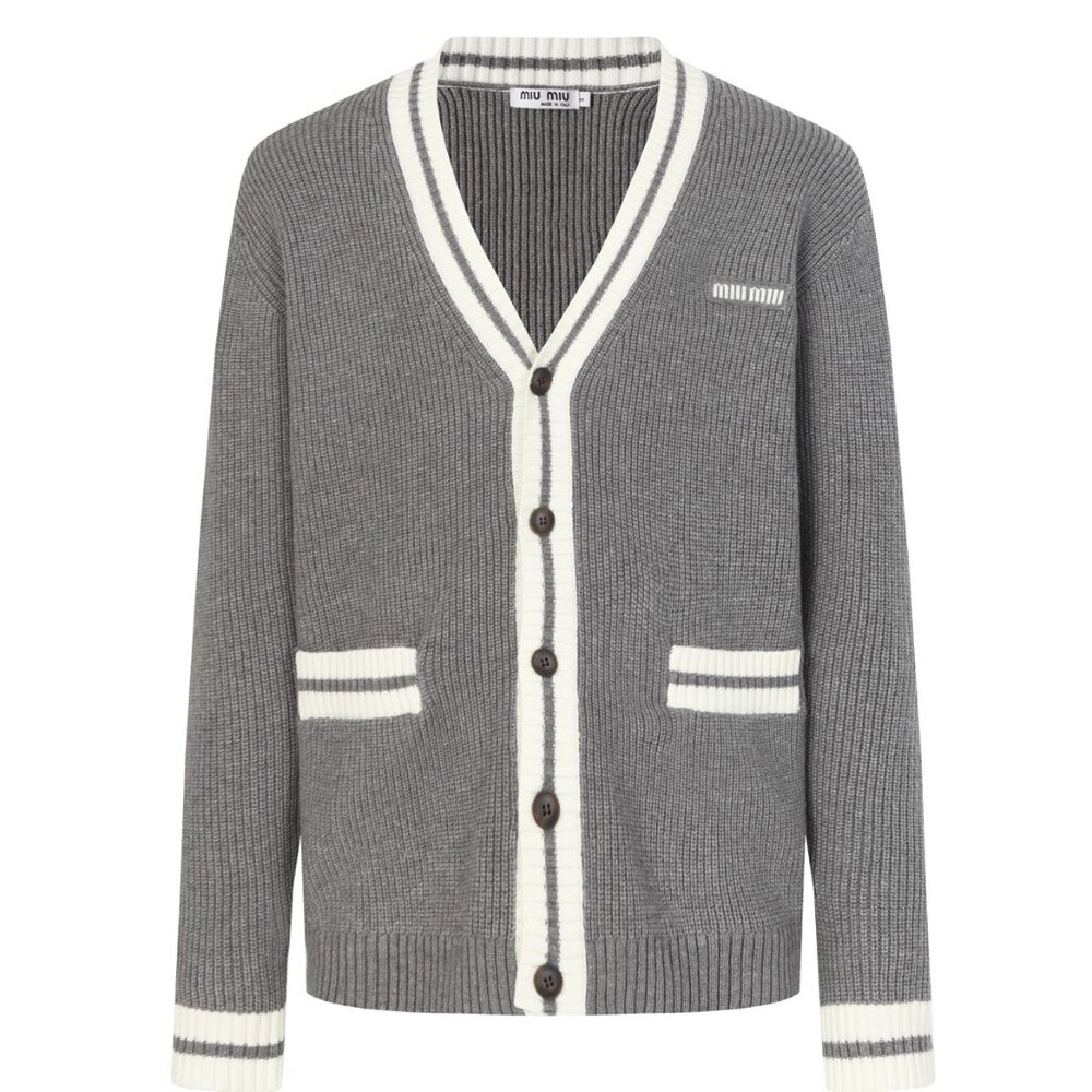 Miu Miu Women's Ribbed Color-Block V-Neck Single-Button Long-Sleeve Cashmere Swe